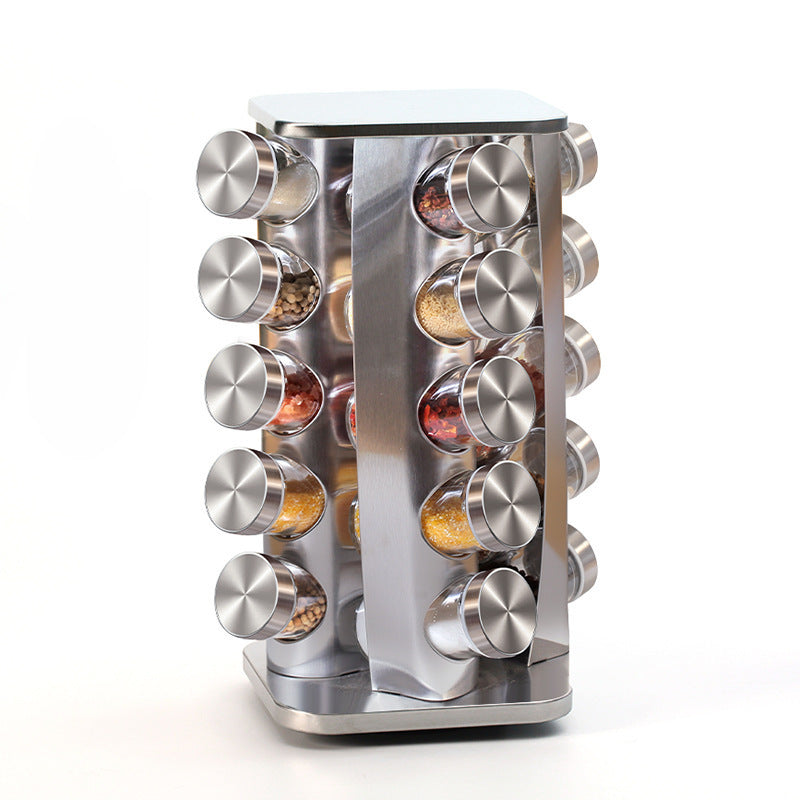 Conjunto de temperos rotativos de vidro e aço inoxidável.
