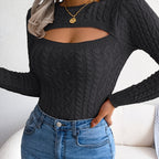 🧶 Suéter Feminino de Manga Comprida com Recortes 🍁❄️