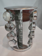 Conjunto de temperos rotativos de vidro e aço inoxidável.