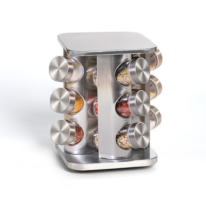 Conjunto de temperos rotativos de vidro e aço inoxidável.