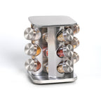 Conjunto de temperos rotativos de vidro e aço inoxidável.